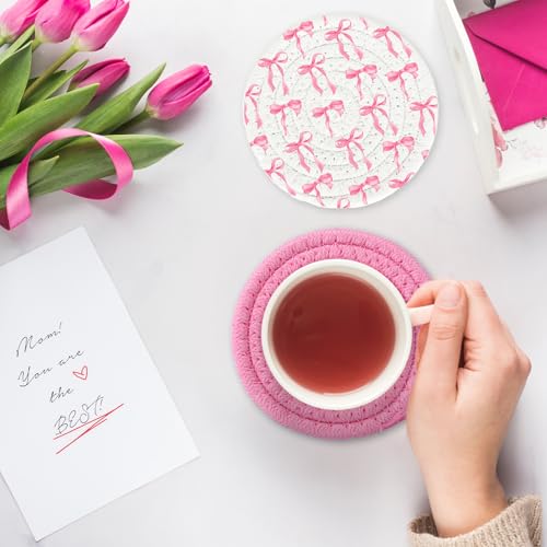 Pink Bow Coasters Handmade Braided Cotton Coasters Round Absorbent Bowknot Coquette Drink Mats for Mother's Day Valentine Birthday Wedding Baby Shower Party Home Office Table Decor (4 Count)