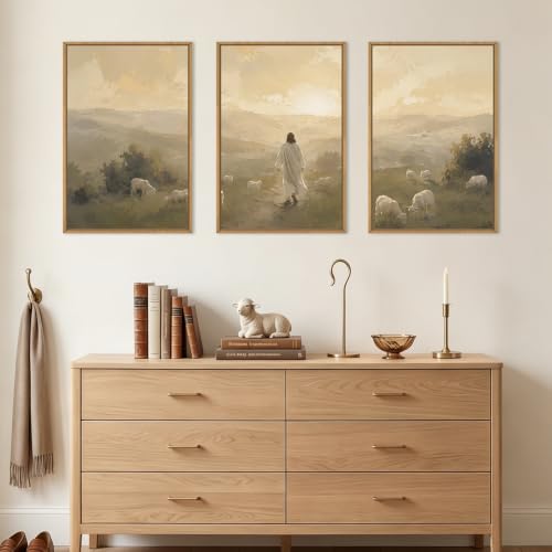 Vintage Jesus Lamb Framed Canvas Wall Art