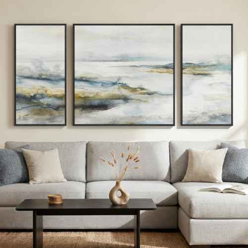 Extra Large Framed Blue Gray Abstract Landscape Wall Art for Living Room (3 Count)
