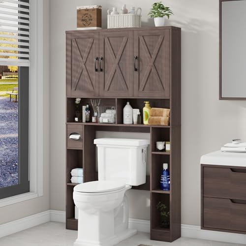 Over The Toilet Storage Cabinet with 3 Barn Doors.Espresso