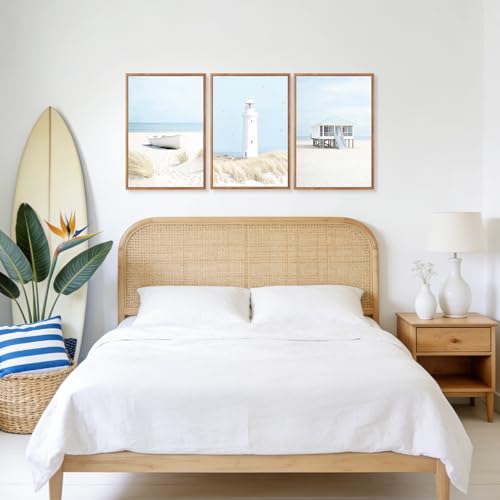 3 Pcs Blue Beach Coastal Framed Canvas Wall Art 16x24 Inch