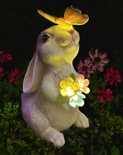 Solar Garden Statues Outdoor Decor Bunny with Butterfly