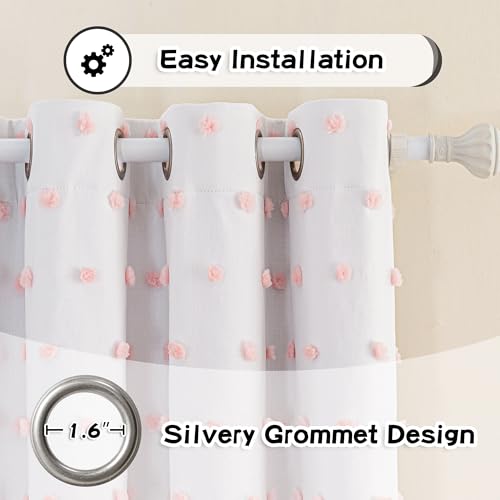 Total Blackout Curtains for Living Room 108 Inch Long 100% Light Blocking Curtains for Bedroom 2 Panels Set Privacy Protect Grommet 2 Layered Drapes with Pink Pom Pom Sheer 50W x 108L