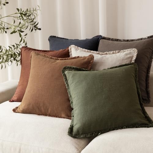 Decorative Linen Fringe Throw Pillow Covers 18×18 Orange Brown (2 Count)