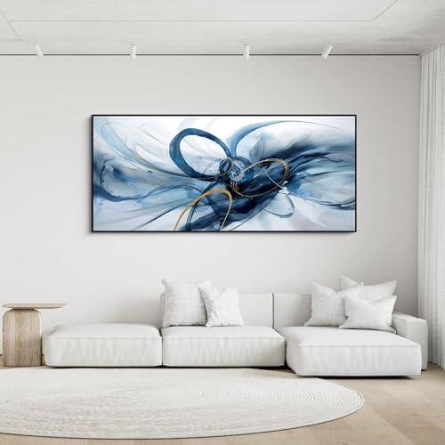 Extra‑Large Abstract Canvas Wall Art Navy Blue and Gold 86x39 Inch