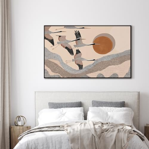 36"x60" Extra Large Framed Wall Art Flying Cranes Over Sunlit Hills Illustration for Home Living Room Bedroom Decor