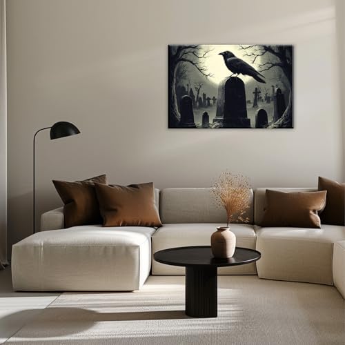 Crow Canvas Wall Art Gothic Black Bird On Branch Painting Print Spooky Forest Full Moon Scenery Poster Artwork Framed Halloween Home Decor