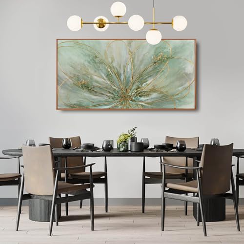 Green Abstract Canvas Artwork Flowers Wall Decor for Office Line Art Painting 24"x 48" Pictures for Bedroom Dining Room Neutral Wall Art
