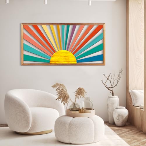 Large Boho Sun Wall Art Framed Wooden Art Wall Decor Colorful Rainbow Geometric Line Sunshine Artwork for Living Room Bedroom Office 16x32 Inch