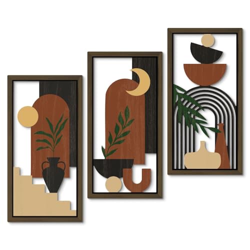 Boho Wall Art Set of 3 Modern Minimalist Wooden Wall Decor Abstract Terracotta Room Decorations Mid Century Artwork for Living Room Bedroom Office in Terracotta Noir 16.5 x 8.6 Inch (3 Count)