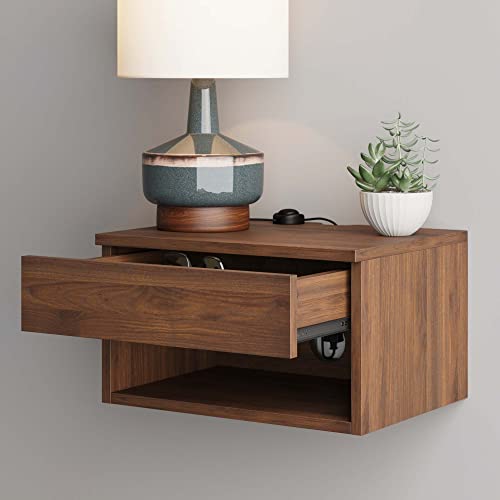 Jackson Wall Mounted Floating Bedroom Nightstand with Storage Drawer and Modern Open Shelf Cubby Set of 2