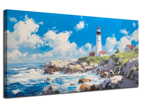 Coastal Wall Art Canvas Blue Ocean Seascape Painting Large 40"x20"