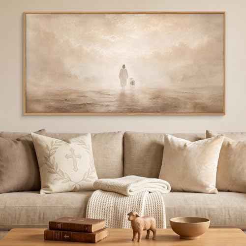 Christian Jesus and Lost Lamb Framed Canvas Wall Art