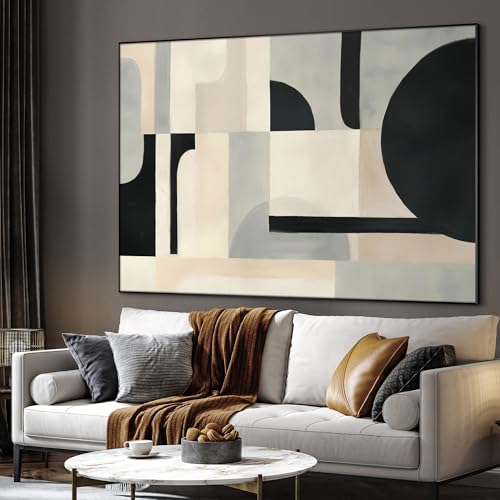 36"x46" Extra Large Framed Wall Art Modern Neutral Abstract Geometric in Black and Beige