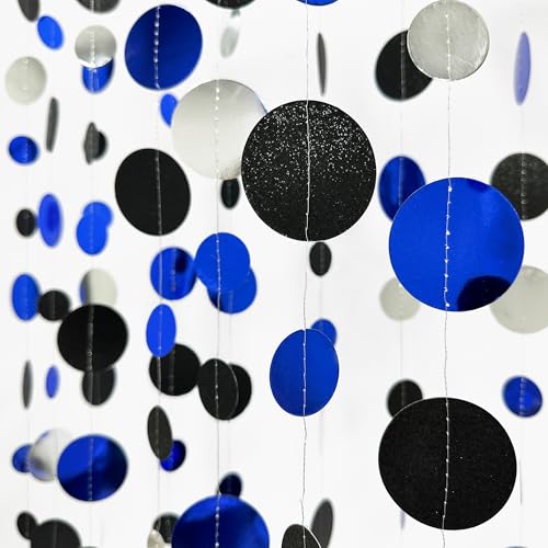 46Ft Navy Blue Black Silver Circle Dots Garland Royal Blue Black Polka Dots Streamer for Birthday Graduations Wedding Bridal Shower Nautical Ahoy Achor Pirate Themed Party Decorations Supplies