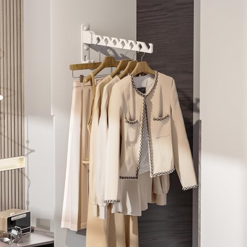 Wall Mount Coat Hanger Holder White Clothes Drying Organizer Rack Garment Hooks Aluminium Retractable Folding Indoor Wall Mounted Hanger Space Saver for Laundry Room Bedroom White 2Pack