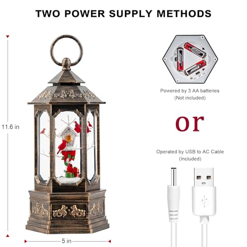 Christmas Snow Globe Lantern Water Glittering 11.6'' Cardinal & Birdhouse with Music & Timer