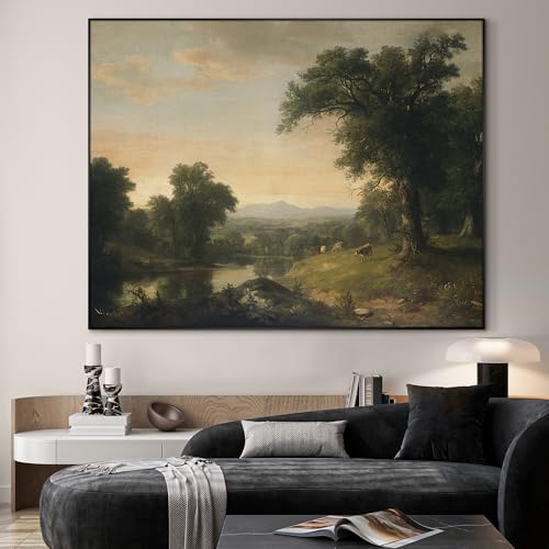 60"x72" Extra Large Framed Wall Art Classic River Valley Landscape Vintage Style Countryside Illustration for Home Living Room Bedroom Decor