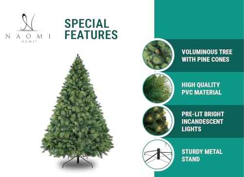 9ft Christmas Tree with Lights Realistic Traditional Christmas Tree Prelit with Pine Cones Foot Pedal 2294 Branch Tips 1050 Warm Lights and Metal Stand Aritificial
