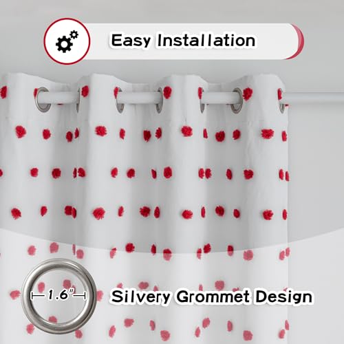 Blackout Curtains for Girls Bedroom with Red Pom Pom Sheer 90 Inch Long Total Light Blocking Curtains for Living Room 2 Panels 100% Room Darkening Grommet Double Layer Drapes 50" x 90"