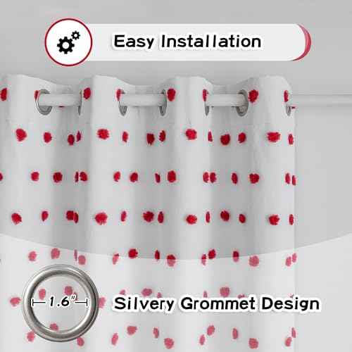Blackout Curtains for Living Room 95 Inch Long Total Light Blocking Curtains for Sliding Door 2 Panels Grommet 100% Room Darkening Girls Bedroom Drapes with Red Pom Pom Sheer 50 x 95 in (2 Count)
