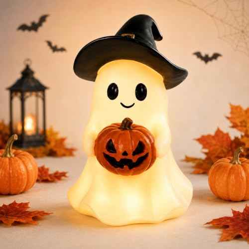 Halloween Ghost Figurine Cute Cartoon Ghost Holding Two Bats Spooky Tabletop Decoration White Desk Display Ornament for Home Office Mantel Shelf Party Fall Holiday Decor Supplies