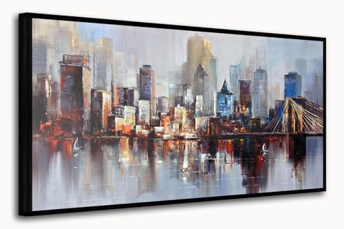 Brooklyn Bridge Wall Art Modern New York Abstract Canvas Cityscape Painting NYC Skyline Textured Picture for Living Room Bedroom Home Office Wall Decor Extra Large Size Black Wood Framed 58"x29"