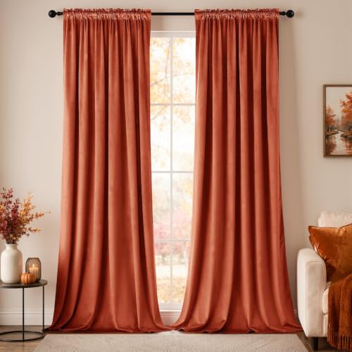 Fall Burnt Orange Blackout Velvet Curtains 96 Inch Long 52"x96" Soft (2 Count)