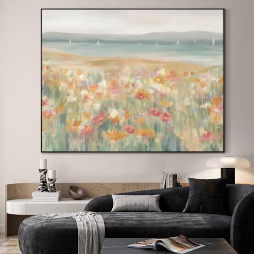 36"x46" Extra Large Framed Wall Art Coastal Flower Field with Sailing Boats Serene Landscape Illustration for Home Living Room Bedroom Decor