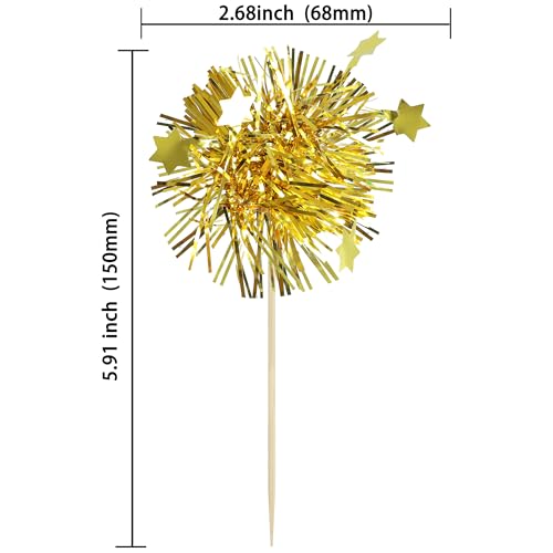 30Pcs Foil Firework Cupcake Toppers Happy Birthday Cake Toppers Tinsel Flower Drink Stirrers Cocktail Food Fruit Toothpicks for Valentine's Day Party Decorations Gold (30 Count)