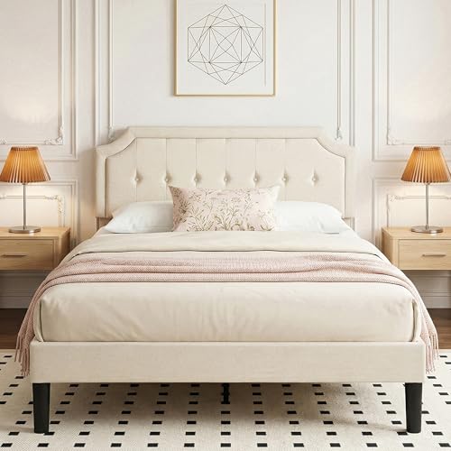 Full Size Bed Frame with Fabric Upholstered Headboard