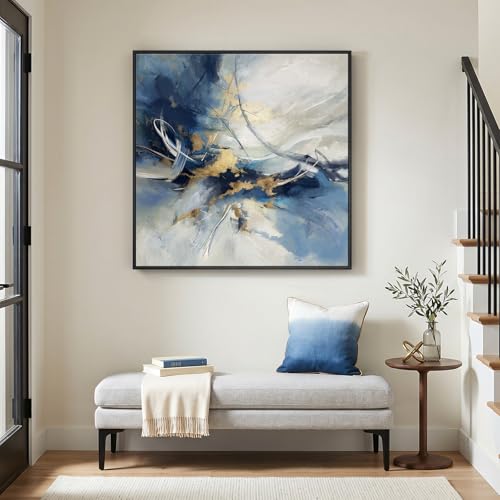 Framed Modern Blue White Abstract Wall Art Decor for Living Room