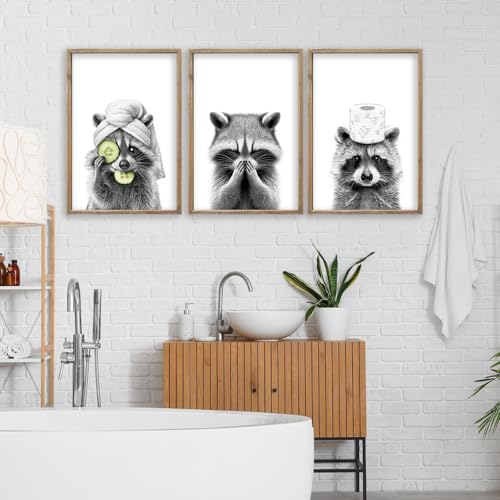Raccoon Bathroom Wall Decor Art 16x11 Inch Set of 3 Wood