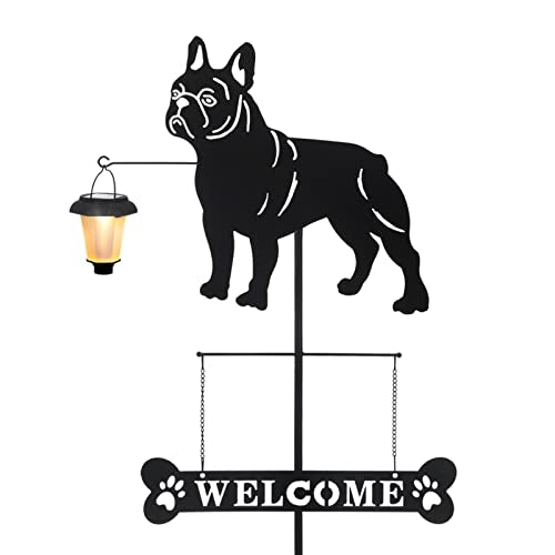Solar French Bulldog Dog Breed Silhouette Welcome Sign with a Lantern
