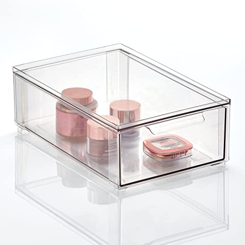 Plastic Stackable Bathroom Storage Organizer Bin Containers with Front Pull Drawer for Bathroom Countertop