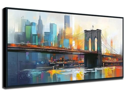 Cityscape Wall Art New York Canvas Framed Painting Extra Large 58x29