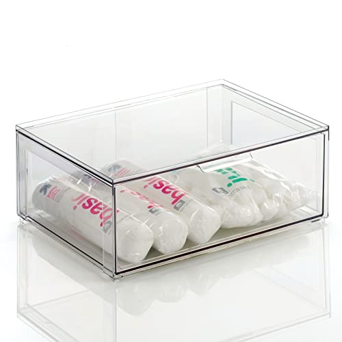 Plastic Stackable Bathroom Storage Organizer Bin Containers with Front Pull Drawer for Bathroom Countertop