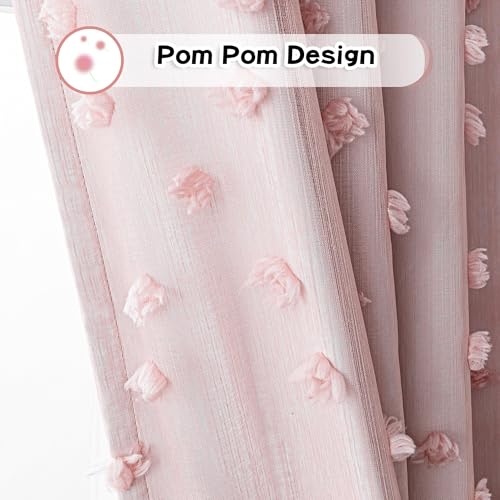 100% Blackout Curtains for Nursery Thermal Insulated Blush Pink Pom Pom Curtain 72 Inch Length for Girls Bedroom 2 Panels Grommet White Sheer Drapes for Kitchen Dining Room Door (2 Count)