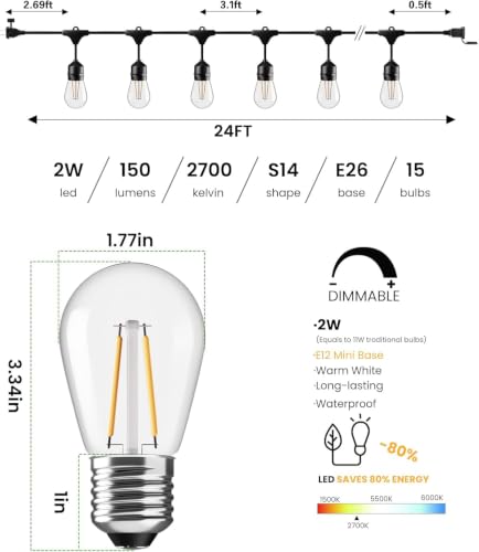 24 FT Outdoor String Lights LED 2W S14 Commercial Grade Waterproof (24 Foot)