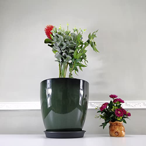 Garden Green Plastic Round 11.8 Inches Diameter 11.8 Inches Tall Planter Resin Glazed Faux Ceramic Flower Pots Drainage Hole with Saucer Decorative Pot 15675