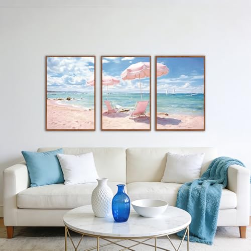 KAlRNE Seascape Coastal Decor Pink Beach Ocean Art Print Set (3 Count)