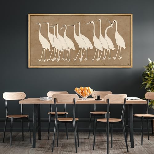 Extra Large Framed Canvas Print Wall Art Minimalist White Cranes on Beige Background Antique Retro Fine Art Illustrations Decorative Colorful for Bedroom
