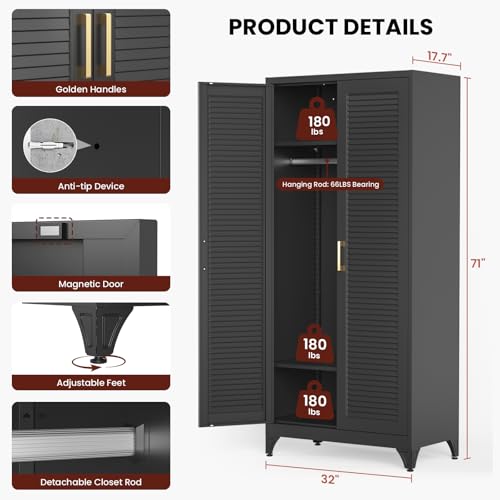 71" Tall Black Wardrobe Closet with Door and Adjustable Shelves