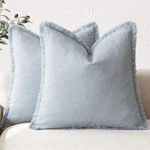 Decorative Linen Fringe Throw Pillow Covers 16×16 Inch (2 Count)