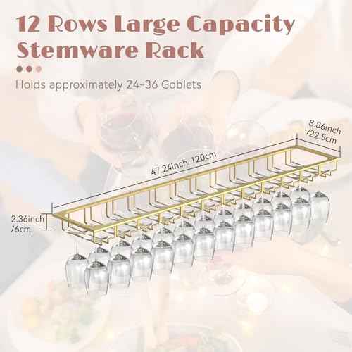 12 Row Wine Glass Rack Under Cabinet Large Capacity