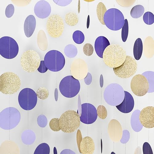 Champagne Gold Purple Cream Nude Polka Dots Garland Lavender Hanging Paper Circle Dot Streamer for Birthday Wedding Shower Engagement Bridal Shower Lilac Violet Theme Party Decorations Supplies