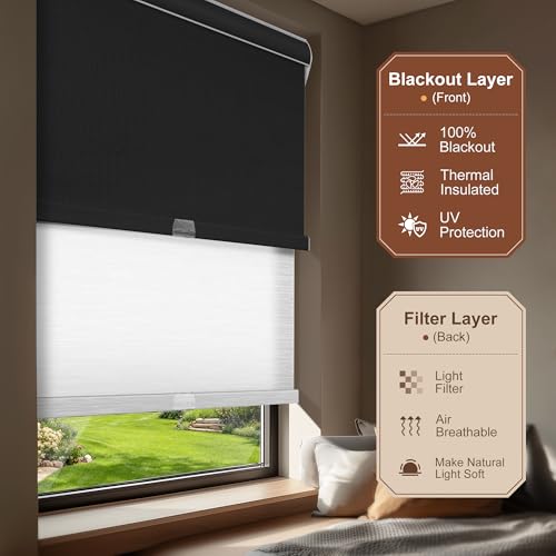 Cordless Dual Roller Shades.Linen Black and White.59 W x 36" H