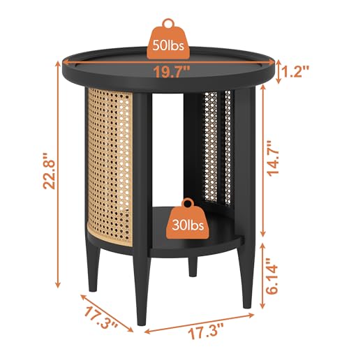 Round End Table Rattan Style Side Table with Solid Wood Legs