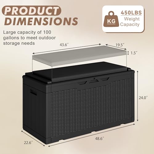 100 Gallon Deck Box Waterproof Outdoor Storage Box with Cushion
