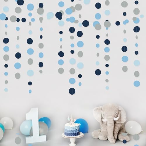 Dusty Blue Party Decorations Navy Blue Circle Dots Garland Gray Blue Hanging Paper Polka Dot Streamer for Wedding Shower Engagement Bridal Shower Birthday Graduation Nautical Themed Party Supplies
